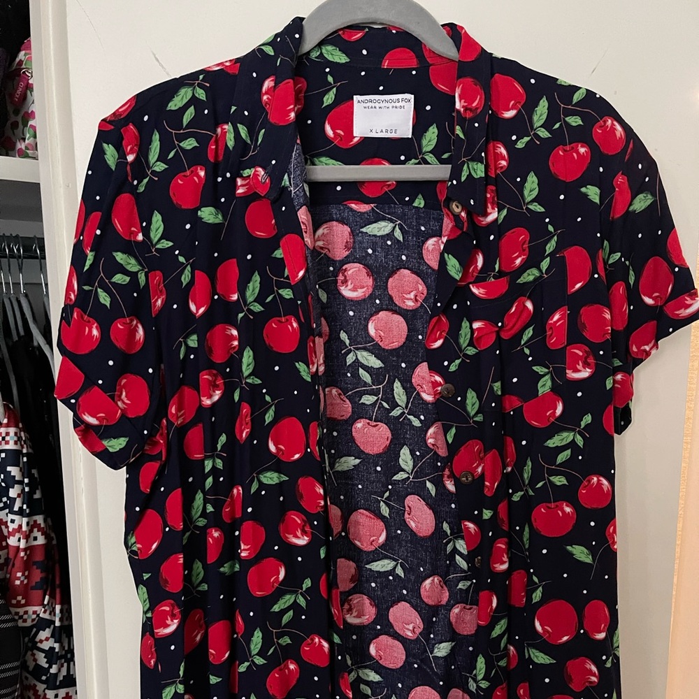 Androgynous Fox Limited Edition Cherry Print Short Sleeve Button-Up